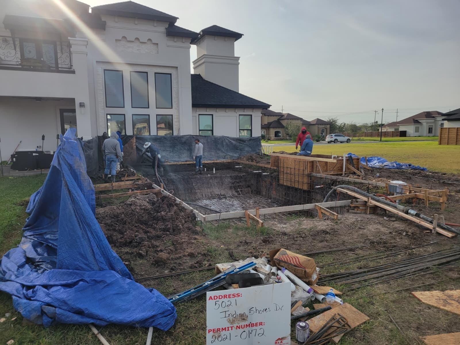 Rebar structure and plumbing installed before the concrete pour